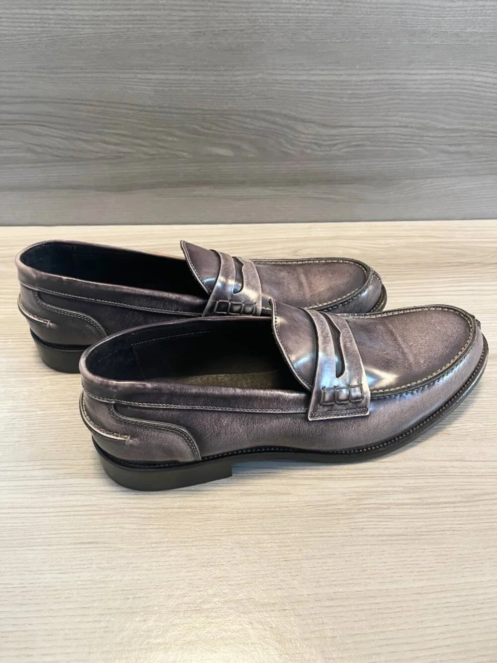 Mario Luiso Italian Leather Penny Loafers Men's EU 46 Gray Slip On Dress Shoes